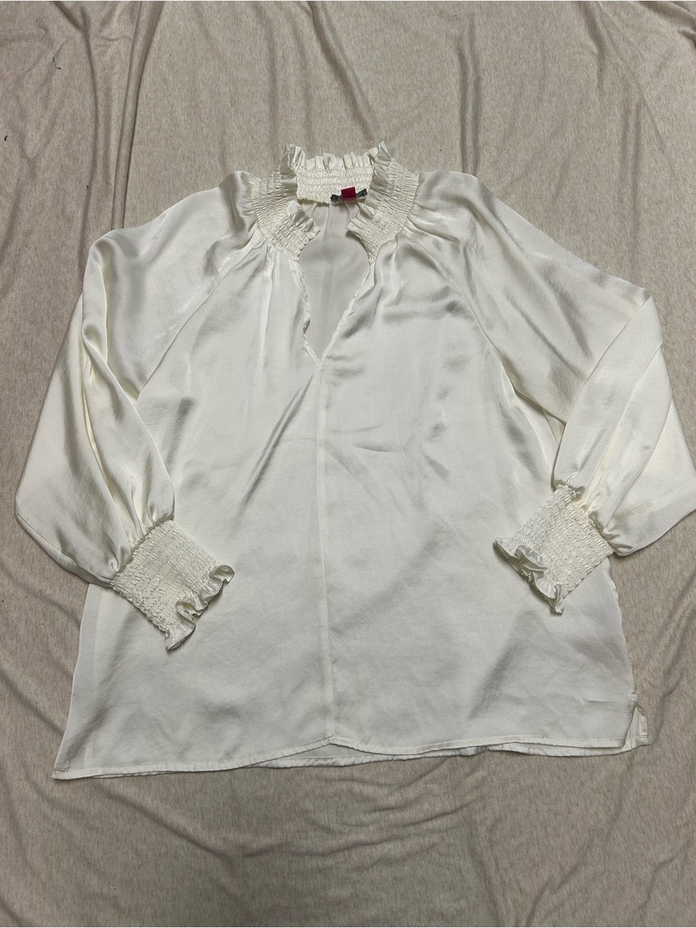 Vince Camuto Satin Blouse Romantic Poet Edwardian Regency Darcy Smocked Neck